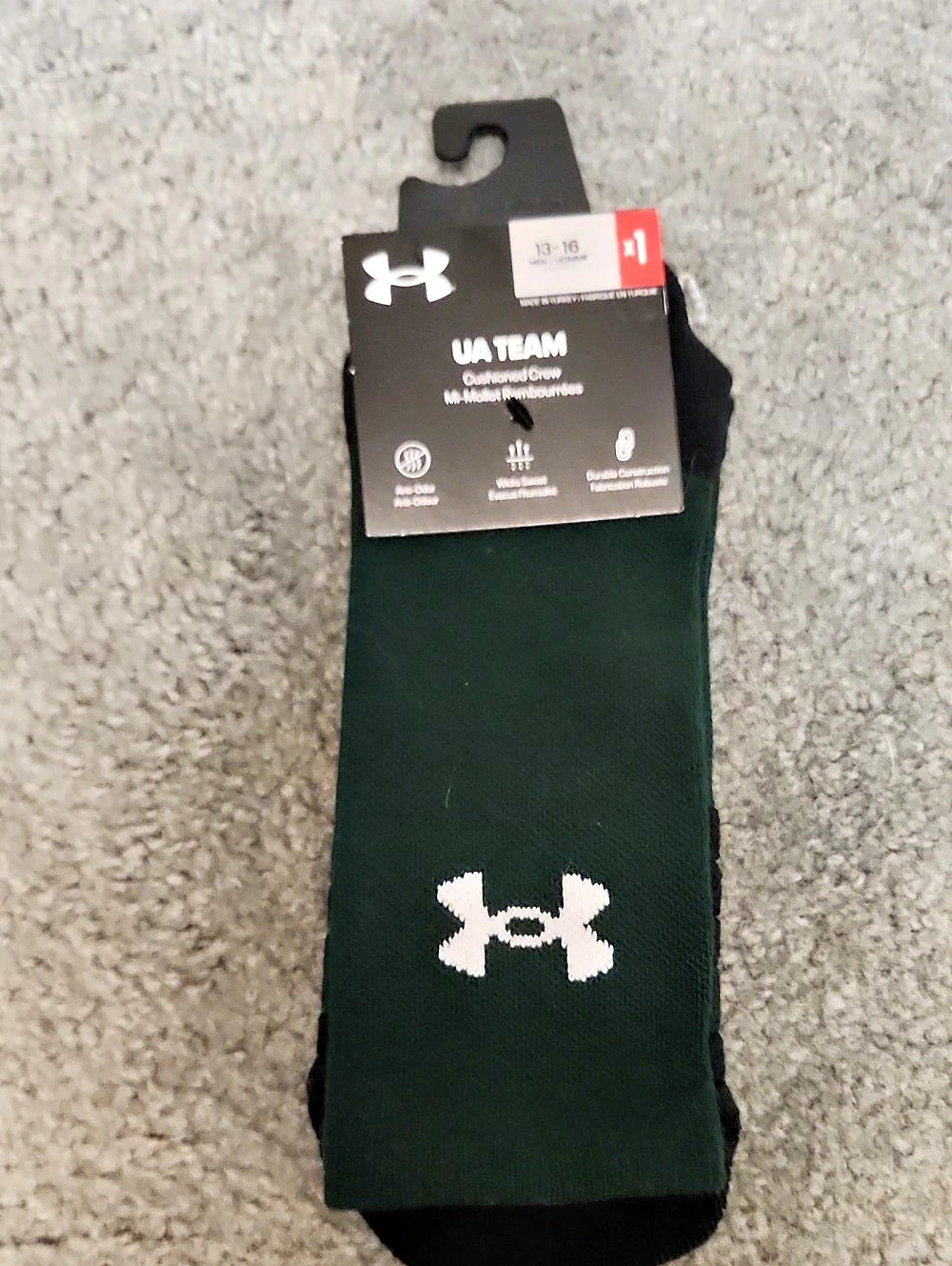 Under Armour UA Team Cushioned Crew Socks Green & Black Size 16
